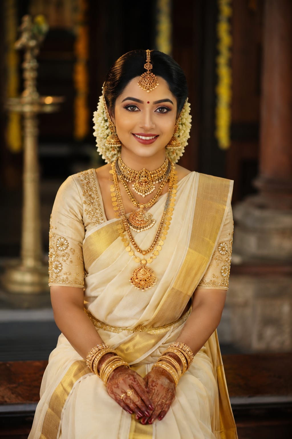South Indian bride wearing elegant gold ornaments - bridal makeup Kochi