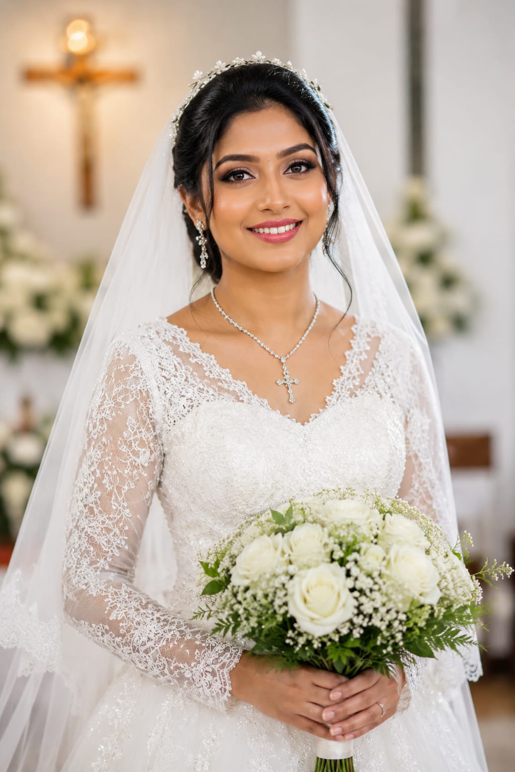 Elegantly dressed bride looking down