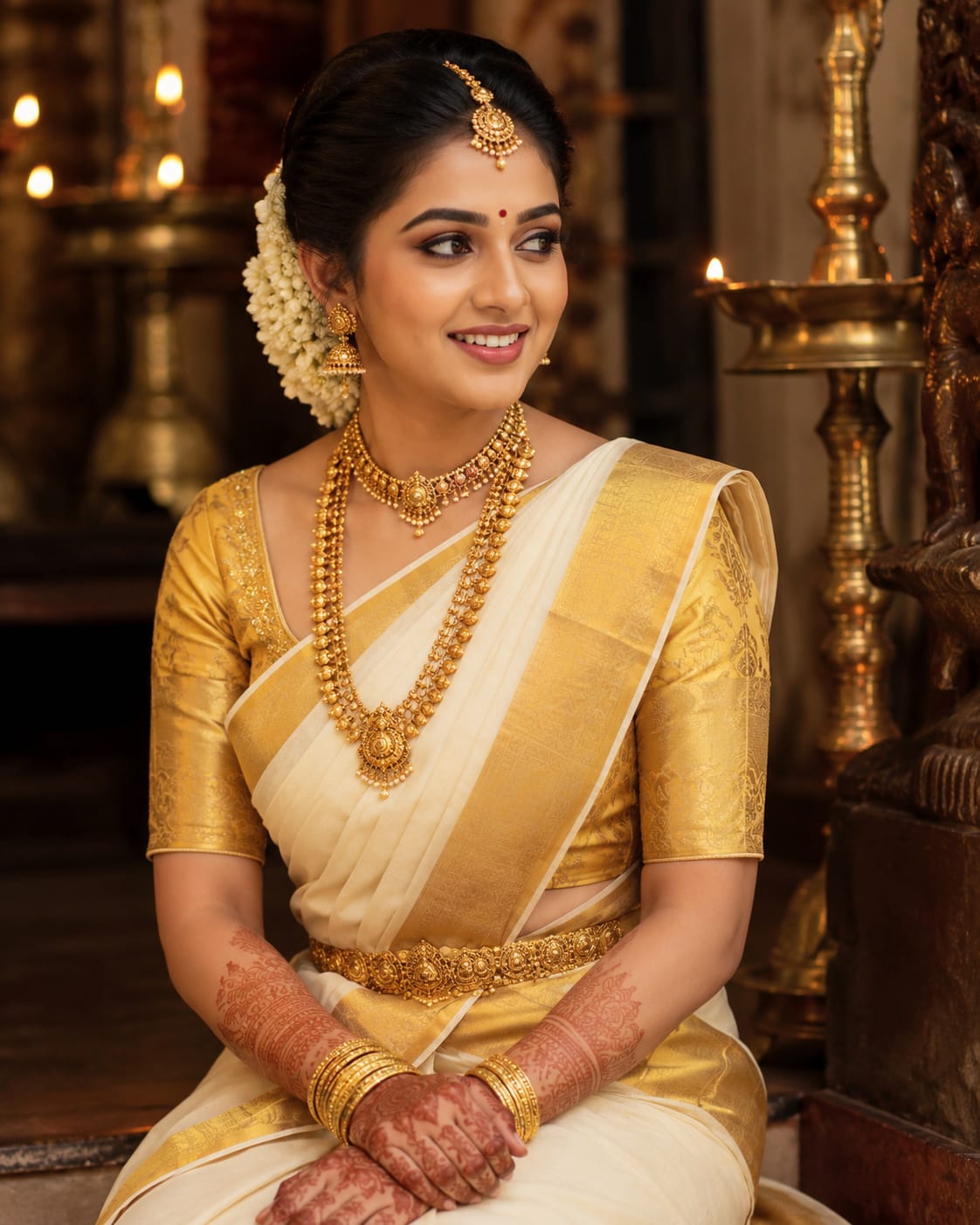 South Indian bride with flowers and silk saree